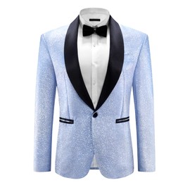 Lars Amadeus Blue Glitter Tuxedo for Men's Shawl Lapel Wedding Metallic Party Sparkly Blazer Large