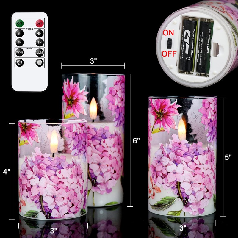 DRomance Pink Hydrangea Glass Flameless Candles with Remote Timer Battery