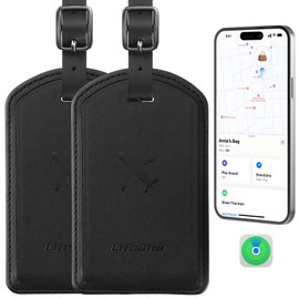 Luggage Tags Built-in Anti-Loss Tracker, Luxury Leather Luggage Tags for Suitcase, Travel Bags, Backpacks, Travel Organizer for Lost Baggage Prevention (Black*2 Pack)