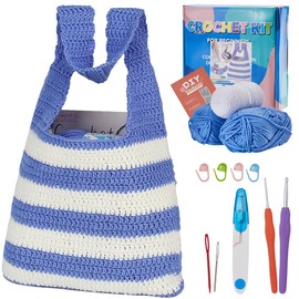 CRASPIRE Blue And White Striped Tote Crochet Kit for Shoulder Bag Easy Fashion Crochet Set Beginners Included Instructions Accessories Tools Complete Crochet Starter Kit Learn to Crocheting Gift