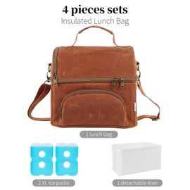 neatlife Mens Lunch Box with 2 XL icepacks,Sturdy Waxed Canvas Insulated Lunch Bag for Adult, Dual Compartment Soft Cooler Bag For Work, Picnic, Travel, Outdoors (10.5L) 10"x7"x9.5" (Rustic brown)