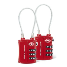 Austin House Travel Essentials Luggage Lock – 3-Dial Combination Cable Padlock with Strong Metal Housing & Steel Cable Shackle, Travel Sentry Approved & TSA Accepted – Red (2 Packs)