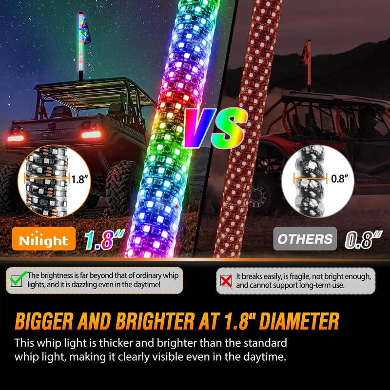 Nilight LED Fat Whip Light 1PC 3FT RGB Lighted Antenna