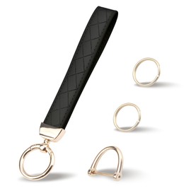 QBUC Leather Wristlet Keychain, Wrist Car Key Chain, with 2 Key Rings ＆ Anti-Lost D Ring, Key Fob Wristband for Women (Black)