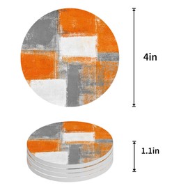 Coasters for Drinks Set of 6, Orange Gray White Abstract Graffiti Art Ceramic Cup Mat, Absorbent Round Ceramic Stone Coasters with Cork Base for Coffee Wooden Table Home Decor