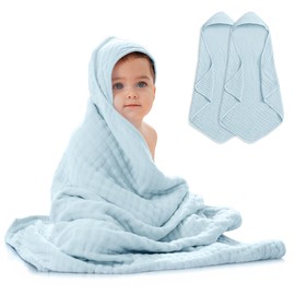Comfy Cubs 2 Pack Baby Hooded Towels, 9 Ply Muslin Cotton, Large (32 x 32 inches), Ultra Soft, Warm and Absorbent. Cute Unisex Bath Towels for Girls and Boys (2 Pack, Sky Blue)