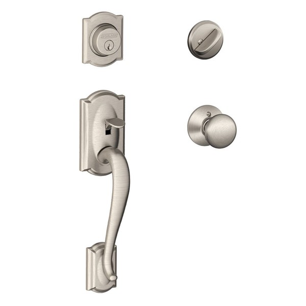 SCHLAGE Camelot Single Cylinder Handleset and Plymouth Knob, Satin Nickel
