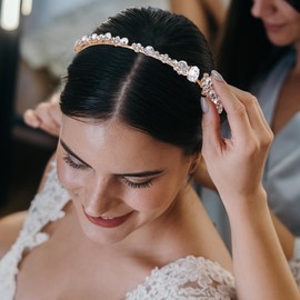 Crysdue Rhinetone Wedding Headband for Women Bridesmaid, Crystal Birthday Tiara Pageant Prom Princess Crown Clear Gold-Tone