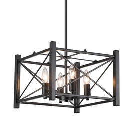 AMZASA Farmhouse Chandelier,Black Square 4-Lights Lantern Pendant Light, Rustic Cage Industrial Hanging Light for Kitchen Island, Dining Room, Hallway Entryway Foyer