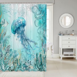 Feelyou Jellyfish Bathroom Shower Curtain Set Ocean Boys Girls Bath Curtain Sea Shower Curtain Ocean Coastal Kids Bathroom Accessories 72"x72"