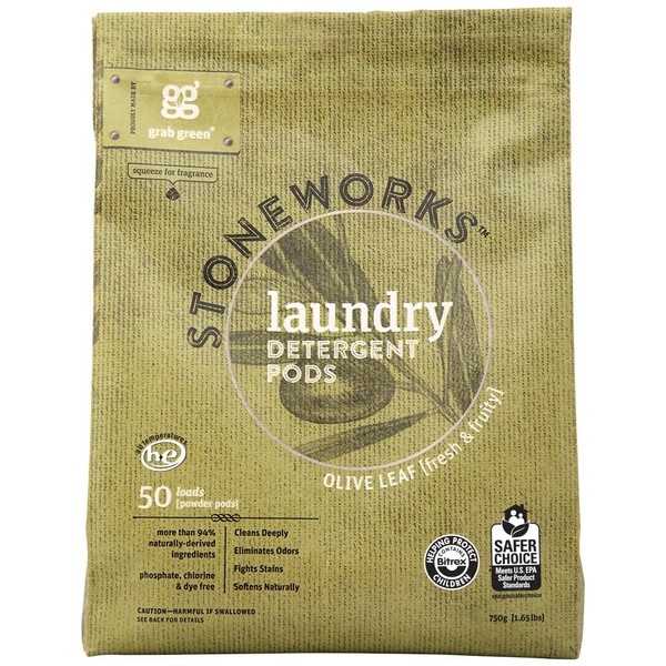 Grab Green Stoneworks Laundry Detergent Pods, 100 Count, Olive Leaf Scent, Plant And Mineral Based, Cleans Deeply, Eliminates Odors, Fights Stains, So
