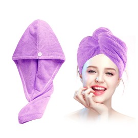 Xkzhrr Hair Turban Towel, Pack of 2 Button Hair Turban, Turban Hair Drying Towel with Button, Head Scarf Towel for Long Hair, Super Absorbent, Quick Drying Microfibre Towel (Purple)