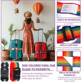 QICHEN Set de 2 Correas de Equipaje para Maletas Ajustable，4.2 Metros Correas de Equipaje Ajustable, con Cerradura de combinación (Negro Gris 2)
