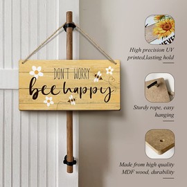 Inspirational Bee Home Decor Sign 6x12 Inch Positive Quote Wall Art Decoration-Bee Happy Encouragement Gifts for Women Farmhouse Wood Hanging Sign for Living Room Bedroom Bathroom,Yellow