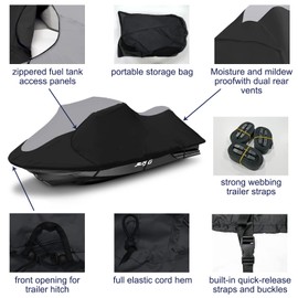Zenicham 600D Jet Ski Cover - Trailerable Seadoo Cover, Waterproof Jetski Cover, PWC Cover Fits Seadoo, Yamaha, Jet Ski Watercraft Cover Fits from 96"-102" (1 seat), Gray & Black