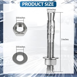 YUEARN 3/8" x 3" Wedge Anchor 304 Stainless Steel Concrete Anchors for Cement and Concrete (8PCS)