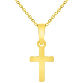 Solid 14k Yellow Gold Tiny Dainty Classic Plain Religious Cross Charm Pendant with Rolo Cable, Cuban Curb, or Figaro Chain Necklaces, Gold, not-applicable