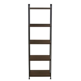Household Essentials Jamestown Narrow 5 Shelf Open Storage Bookshelf Mid Century Walnut Wood Grain and Black Metal