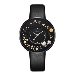 JewelryWe Women Simple Watch Exquisite Double Layer Stereo Dial with Star Decoration Ladies Quartz Dress Watch for Xmas Valentines Day