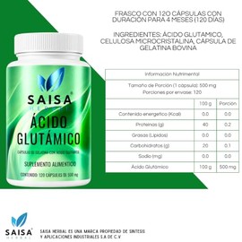 SAISA HERBAL Ácido Glutámico 100% Puro,120 Cápsulas | Suplemento para Memoria, Concentración y Enfoque Mental