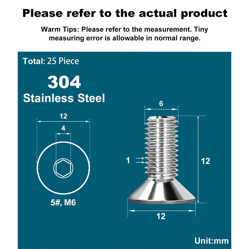 Drenky Pack of 25 M6 x 12 mm Countersunk Screws