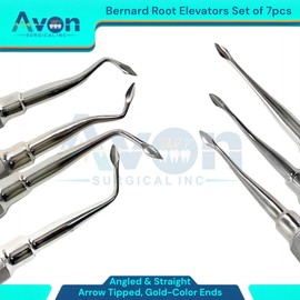 Bernard Root Dental Elevator Pick, Straight Arrrow Tip & Angled Arrow Tip, Gold-Color Hollow Handle | Autoclave-Safe German Stainless Steel (7-Piece Bundle Set)