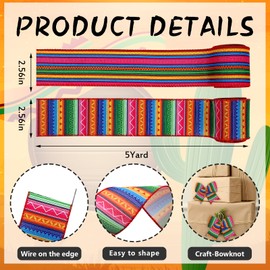 Estivaux 2 Rolls Mexican Fiesta Ribbons for Wreath Bows, 2.5"×10 Yards Wired Edge Ribbons Cinco de Mayo Craft Ribbon Mixed Color Stripes Wired Ribbons for Crafting Sewing DIY Crafts Supplies