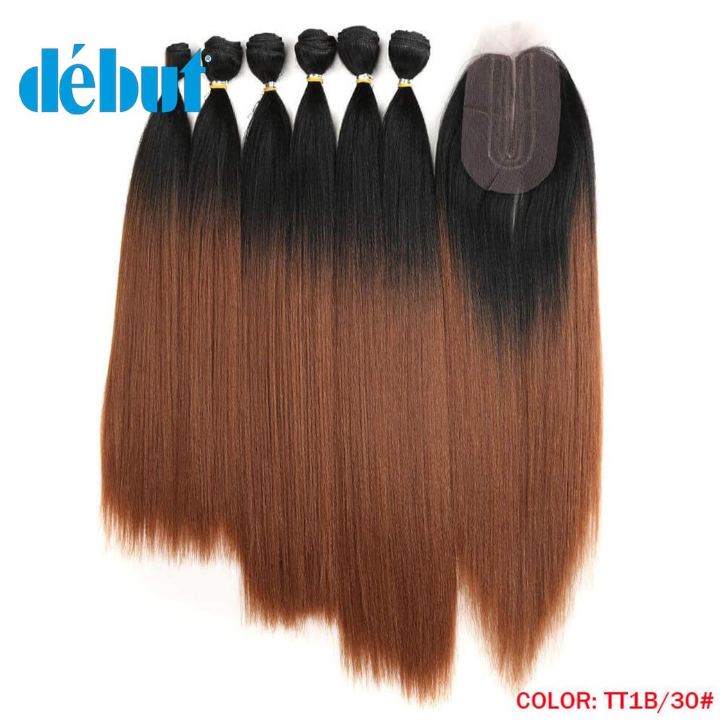 DÉBUT synthetic hair bundles with closure weave bundles with frontal swiss lace 7pcs Yaki Straight 16 18 20 inch 250g high temperature fiber (TT1B/30)