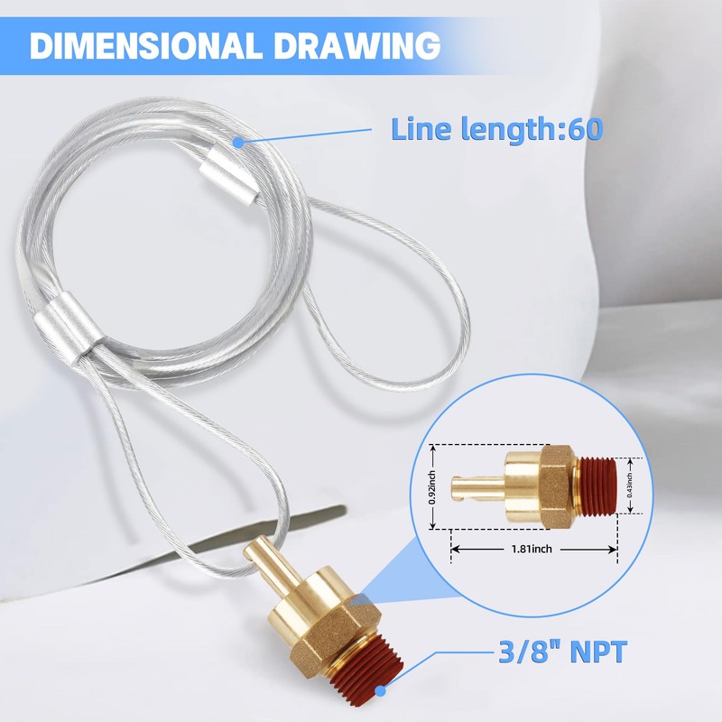 3/8” Air Tank Drain Valve Plug with 60” Cable, Dazakoot