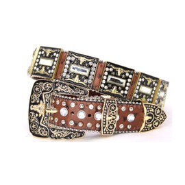 West Star Texas Genuine Leather Belt for Women & Cowboy Big Rhinestone With Engraved Buckle Country STYLE Gold 5051A Coffee Clear L