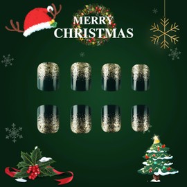 Christmas Press on Nails Short Square French Tip Fake Nails Nude & Green False Nails with Designs Holly & Gold Glitter Full Cover Glue on Nails Glossy Acrylic Nails for Women Girls 24 Pcs