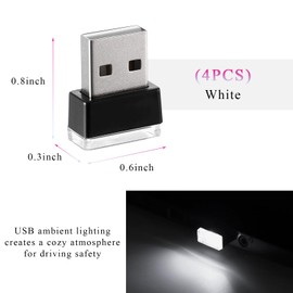 SHMZK 4 PCS USB LED Car Interior Atmosphere Lamp, Mini LED Plug-in USB Interface Trunk Ambient Light, Portable USB Night Lighting Kit Interior Decor for Vehicle Home Office (White)
