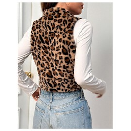 BEAUDRM Women's Y2k Leopard Print Cropped Vest Jacket Zip Up Fuzzy Sleeveless Cheetah Outwear Brown Medium