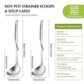 Patelai Hot Pot Slotted Ladle Set Stainless Steel Soup Ladle Strainer Scoops Cooking Skimmer Cookware Utensil for Hotpot Scooping Sauce Serving, 12 Inch(2 Pcs,Silver)