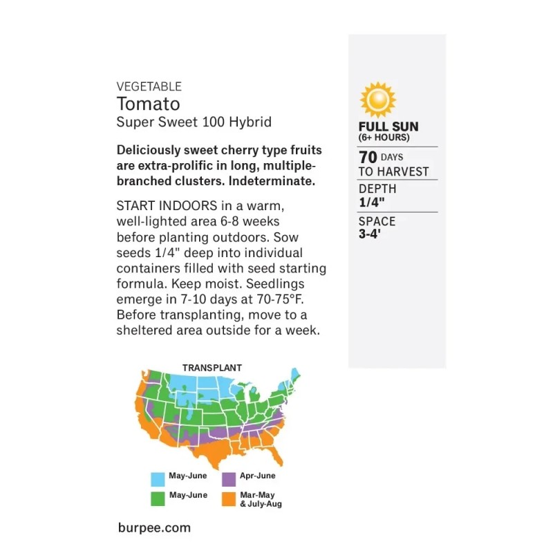 Burpee Super Sweet 100 Hybrid Tomato Vegetable Seed Full Sun
