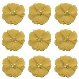 Lmlliang 10pc Chiffon Flower Yellow Rhinestone Pearl Flat-Back Chiffon Flower Sewing Fabric Appliques for DIY Handmade Making Clothing Headpiece Appliques Ornament 2.16Inch