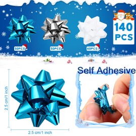 140 Pieces Mini Christmas Gift Bows for Wrapping Matte Christmas Wrap Bows Christmas Metallic Bows Self Adhesive Bows for Christmas Holiday Wedding (Sky Blue, Silver, White)