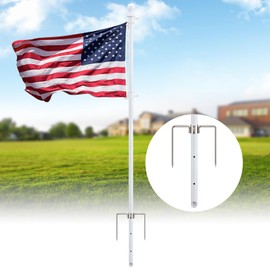 Heavy Duty Ground Flag Pole Kit with 3x5 US Flag - 8.5FT Tangle Free Yard Flag Pole with Anti-Tip Windproof Prong, Portable for Outside House, Yard, Outdoor, Camping - White (1 Pack)