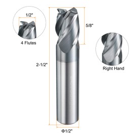 HARFINGTON Carbide Square Nose End Mill Bit 1/2" Cut Dia 4 Flutes TiAlN Coated Milling Cutter for Hardened Steel Metal (1/2" Shank 5/8" Cut Length 2-1/2" Long 30 Degree Helix HRC53-55)