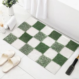 AIBIIN Non Slip Bath Mat, Extra Soft Bathroom Mat, Fluffy Absorbent Microfiber Mats for Bathtub, Washable Bathroom Rugs, Cute Bath mat for Shower Sink, Checkered, Green, 50 x 80 cm