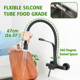 TRYWELL Wall Mount Faucet with Side Sprayer 6 Inch Center Magnetic Docking Flexible Silicone Hose Faucet Stainless Steel Kitchen Faucets for Commercial Utility Faucet (W-118-BK,Black)
