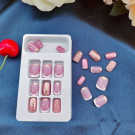 Short Press on Nails Square Acrylic Nails Artificial False Nails with Golden Glitter Designs White French Tip Fake Nails Pink Purple Full Cover Stick on Nails for Women