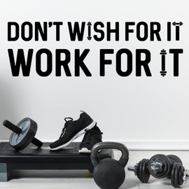 Quanyuchang Don't Wish For It Work For It Fitness Quote Wall Decals, Inspirational Gym Wall Sticker Wall Barbell Art Decor Wallpaper for Gymnasium Living Room Bedroom