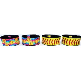 Fastpitch softball sleeve scrunchies combo pack (2 pairs, 4 pieces) yellow with red stitching and Tie Dye from Original USA Inventor. Over 8 million sold.