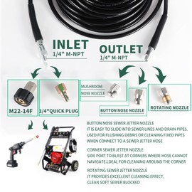 Sewer Jetter Kit for Pressure Washer,Sewer Jetter Nozzles Kit,Drain Cleaning Hose,Pearl Corsage Pin 5800PSI,Rotating and Button Nose Sewer Jetting Nozzle,1/4 Inch NPT (150FT/45M)