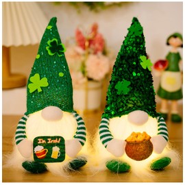 St. Patrick’s Day Gnomes Decoration, 2 Pack 11.4 Inch – Spring Gnome Decor Irish Green lighted Gnomes Plush with Pot of Gold & Beer, St. Paddy’s Day Tabletop Decor, Lucky Greeny Gnome Home Party Gift