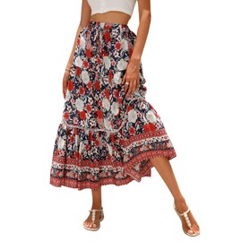 Longwu Women's Boho Skirts Ladies Summer Skirts Floral Print Bohemian Style Half Dress Elasticated Waist Flowy Swing Midi Skirt Red-L
