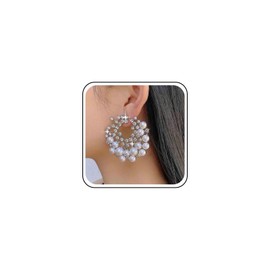 Aneneiceera Boho Multi CZ Flower Pearl Stud Earrings Silver Cluster Crystal Pearl Hoop Earrings CZ Pearl Cluster Earrings Round White Pearl Earrings Bridal Pearl Earrings Jewellery for Women, Zinc