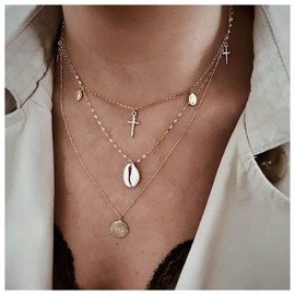 Inilbran Boho Layered Disc Coin Necklace Gold Crucifix Cross Pendant Necklace Vintage Jesus Christ Crucifix Necklace Retro Cauri Shell Necklace Jewellery for Women and Girls