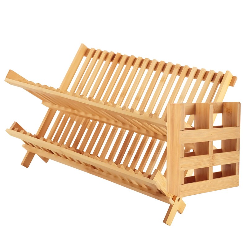 Tefola Bamboo Dish Drying Rack, 2-Tier Foldable Design with Utensil